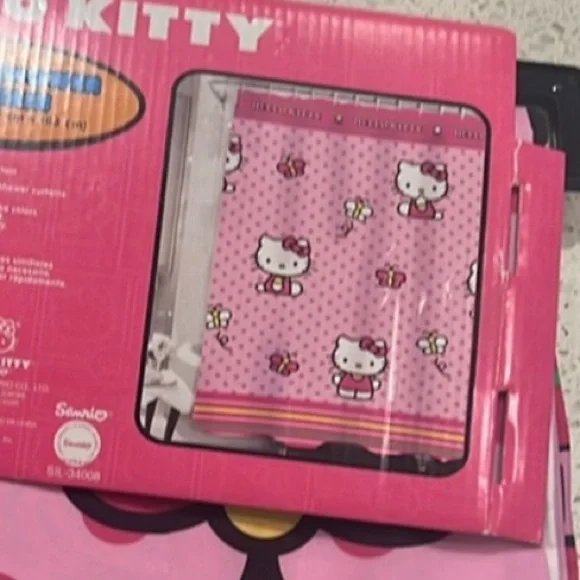 Hello Kitty pink polka dot butterflies shower curtain and hand towel set - Picture 4 of 4